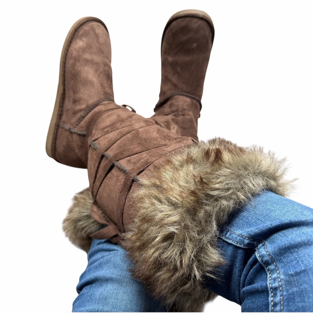 JustFab Dark Brown Faux Fur Wrap Lace Boots - Size 6